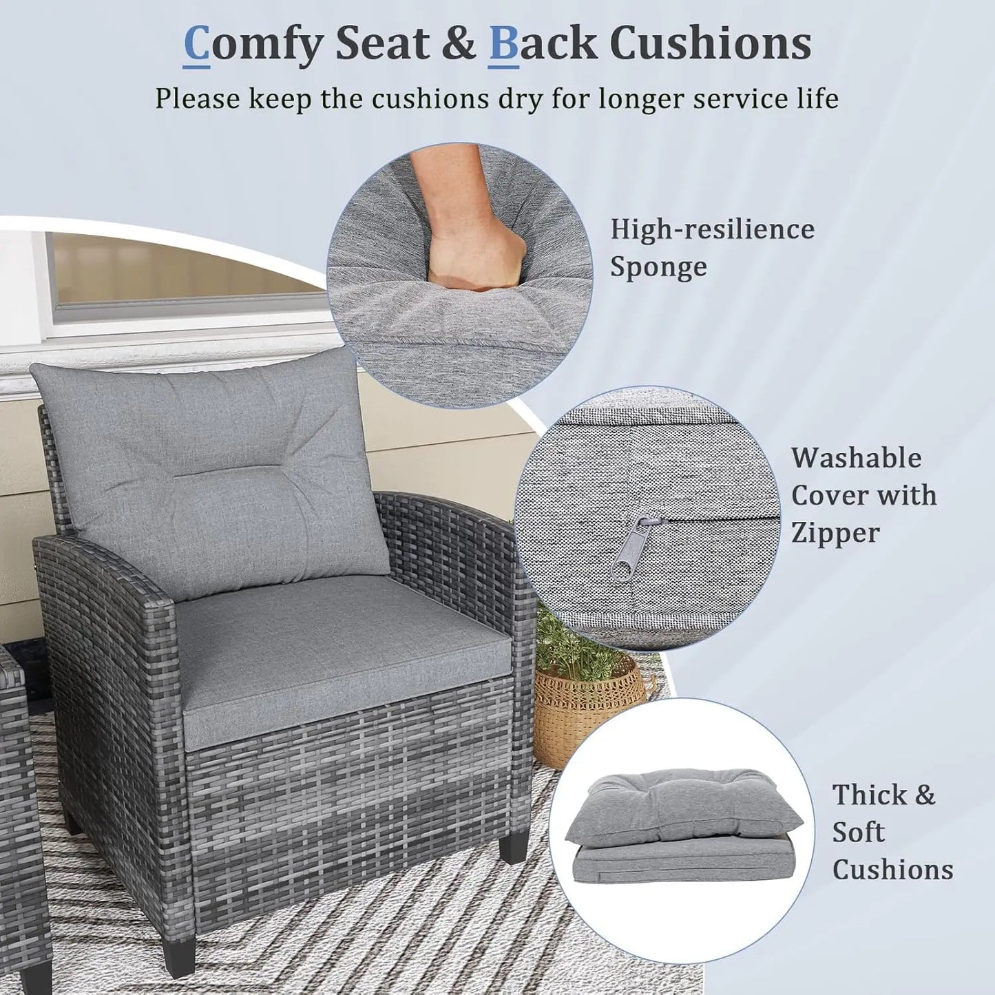 Three Piece Outdoor PE Rattan Patio Set With Glass Tabletop