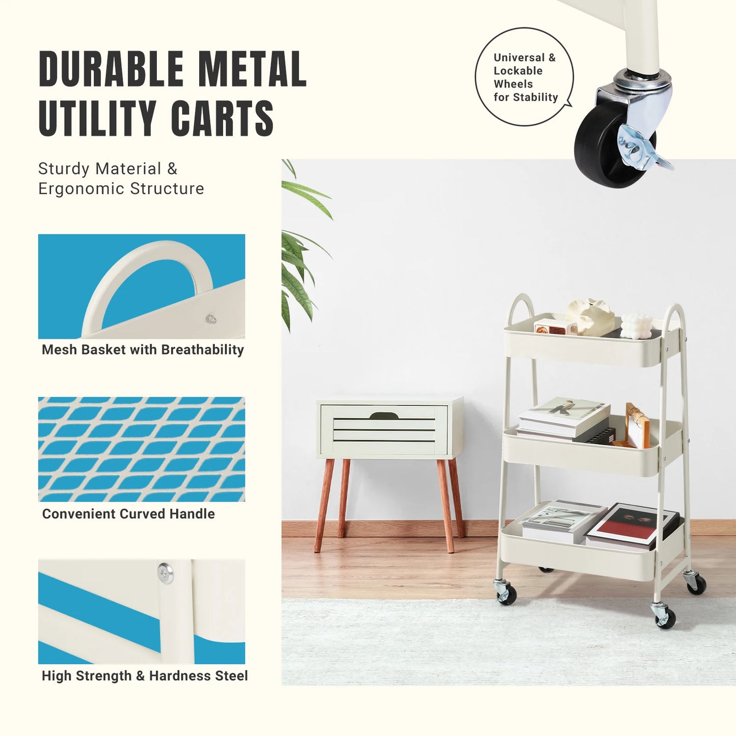 JHK Rolling Storage Cart With Lockable Wheels For Home Office