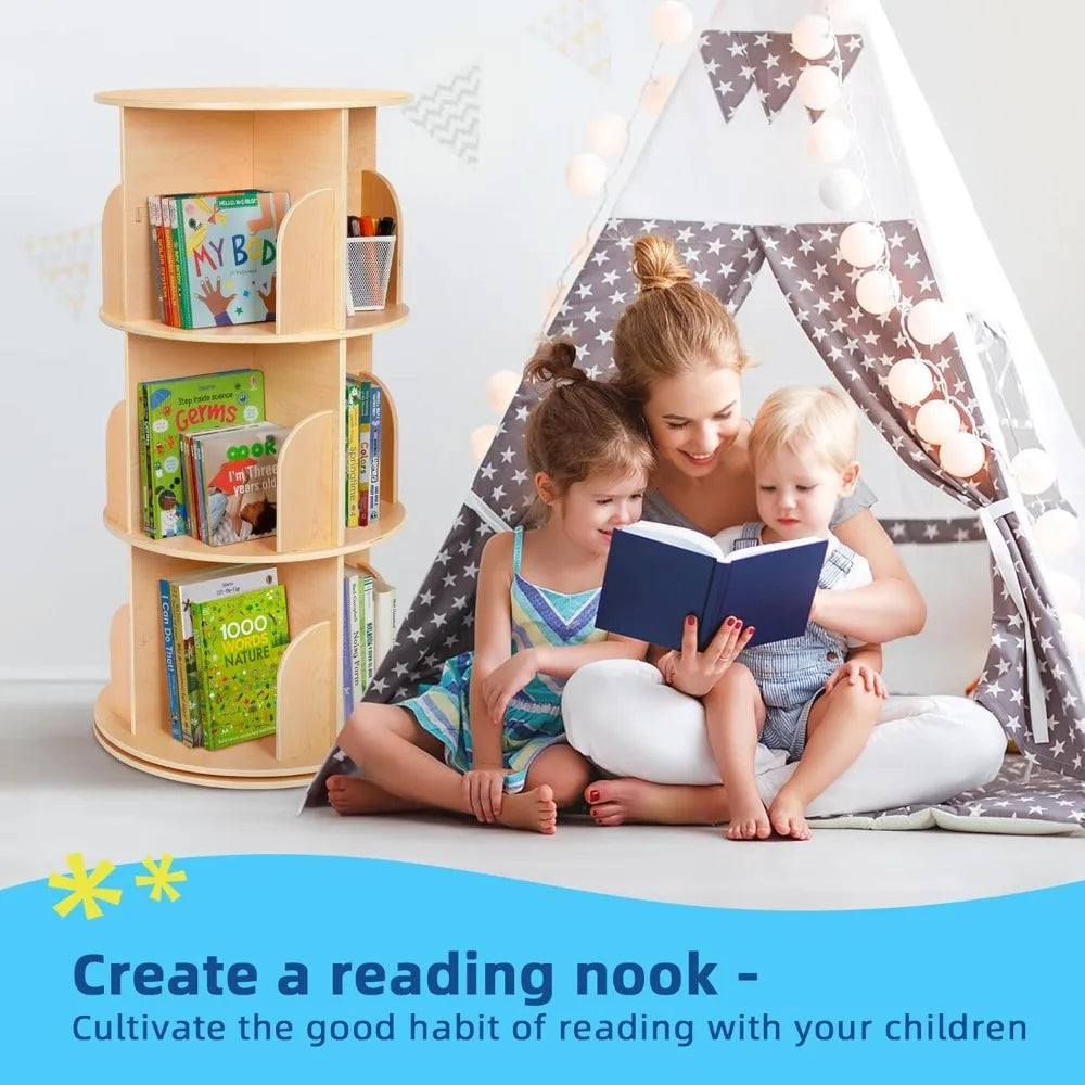 DAFIFY Kids 360 Degree Rotating Corner Bookshelf 3-Tier Floor Display