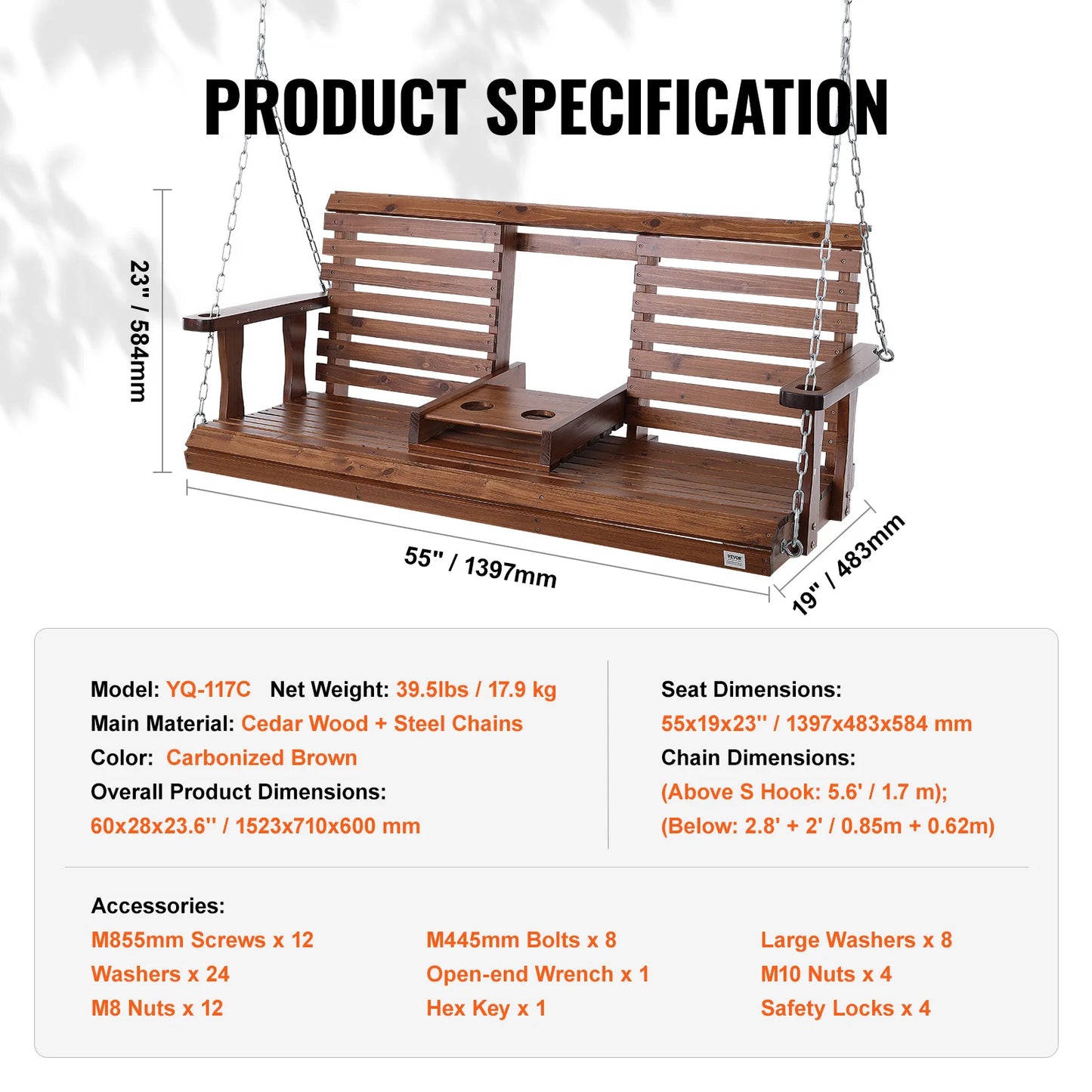 SucceBuy Cedar Wood Outdoor Porch Swing Bench For Garden