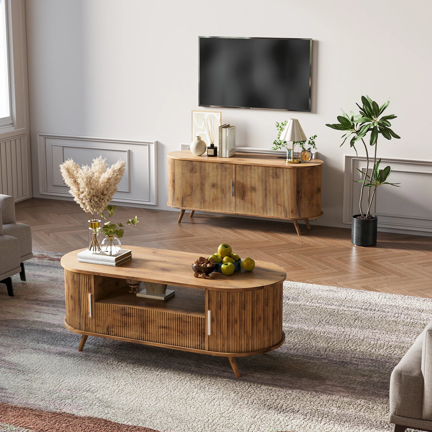 Modern Oval Coffee Table With Storage Drawer And Sliding Doors