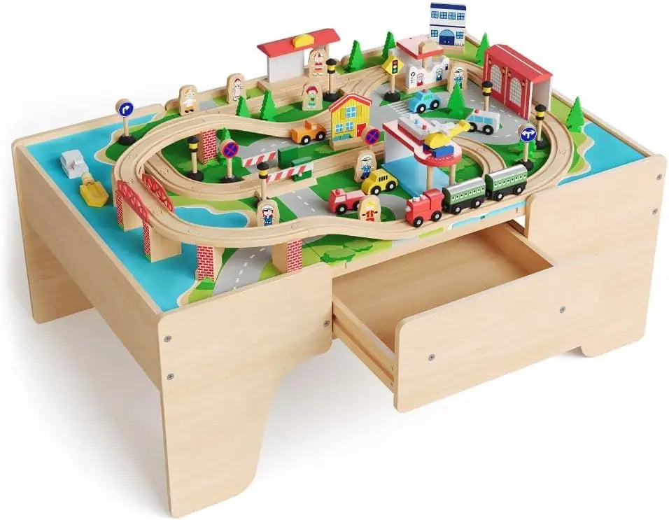 Garvee Wooden Train Table Playset With Railway Tracks And Storage