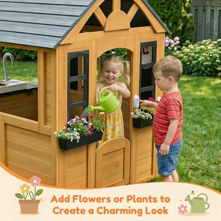 MDNG Outdoor Wooden Toddler Playhouse With Kitchen And Snack Bar