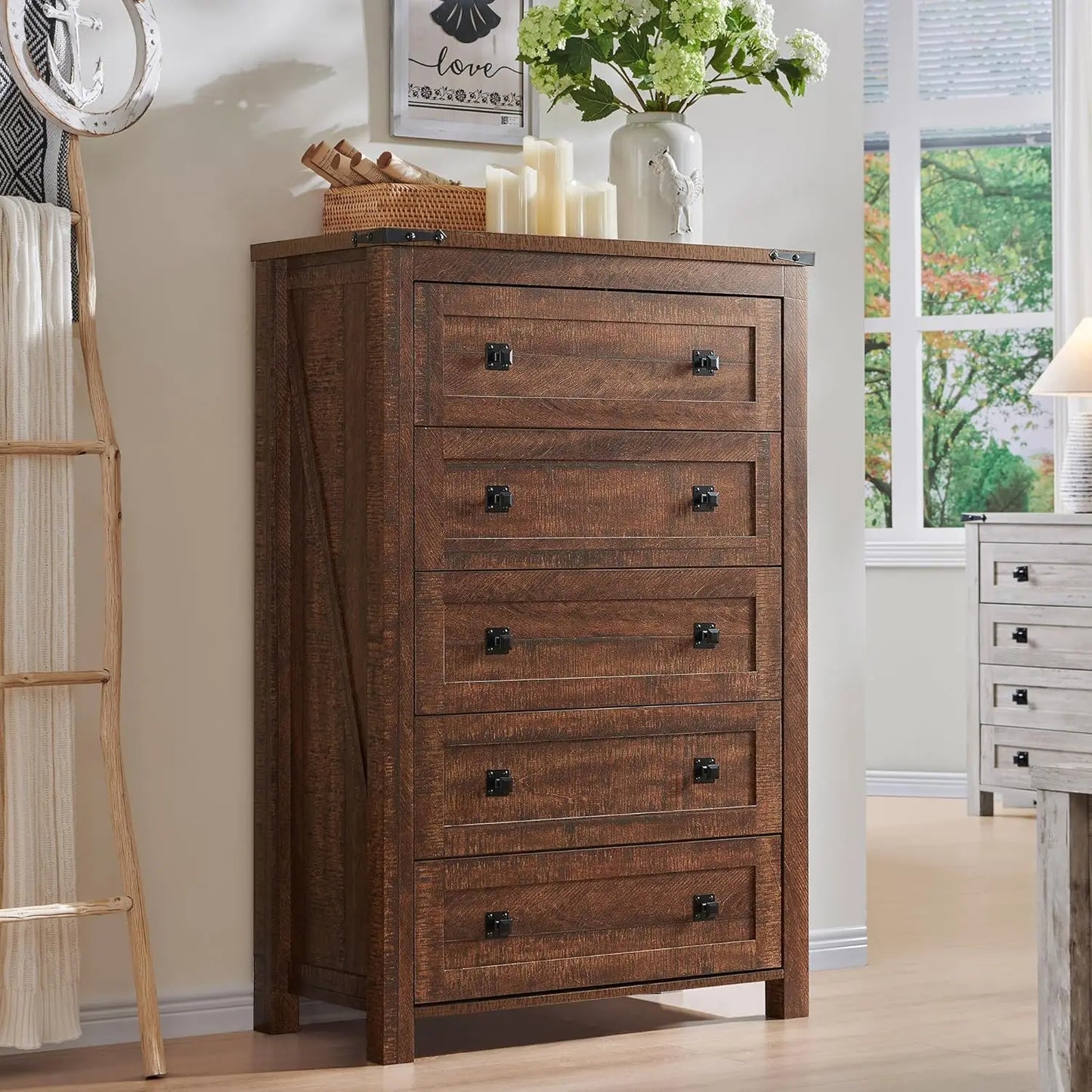 Farmhouse 5 Drawer Dresser In Rustic Wood For Bedroom