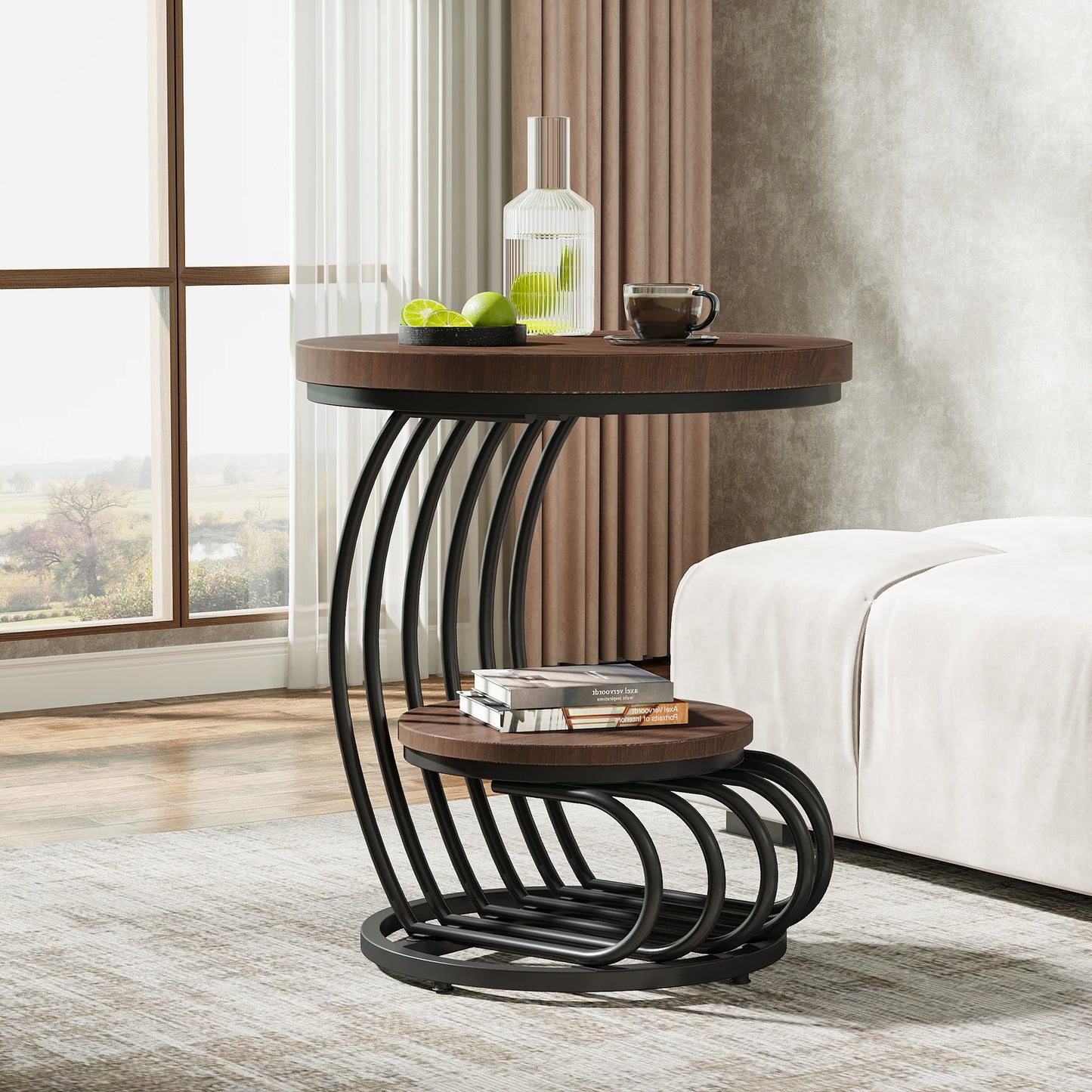Tribesigns Round End Table With Two Tier Faux Marble Storage