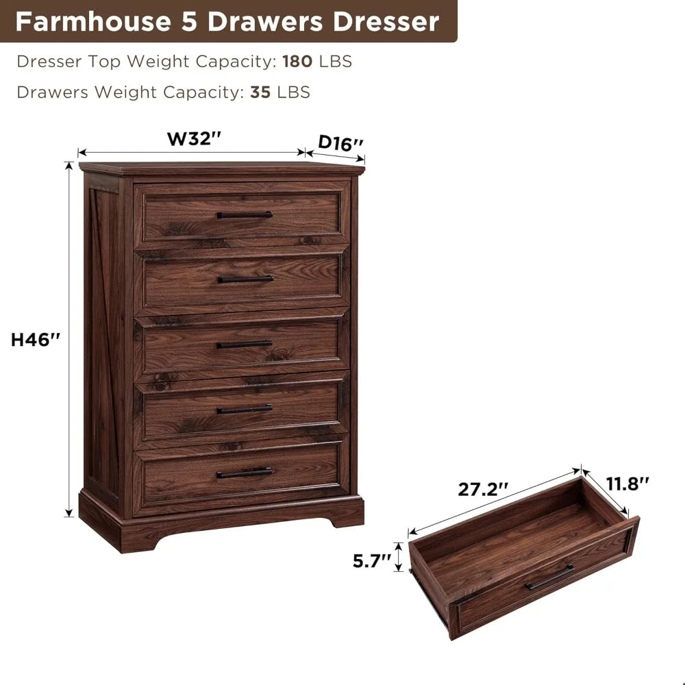 RBXC Farmhouse 5 Drawer Dresser Chest For Bedroom Storage