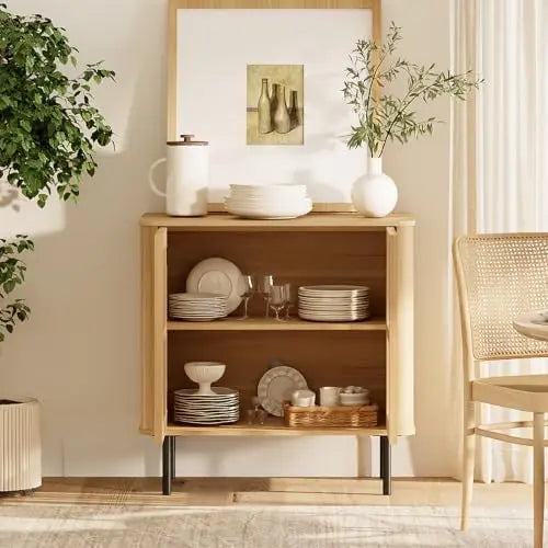 Mid Century Fluted Sideboard Buffet Cabinet With Solid Wood Storage