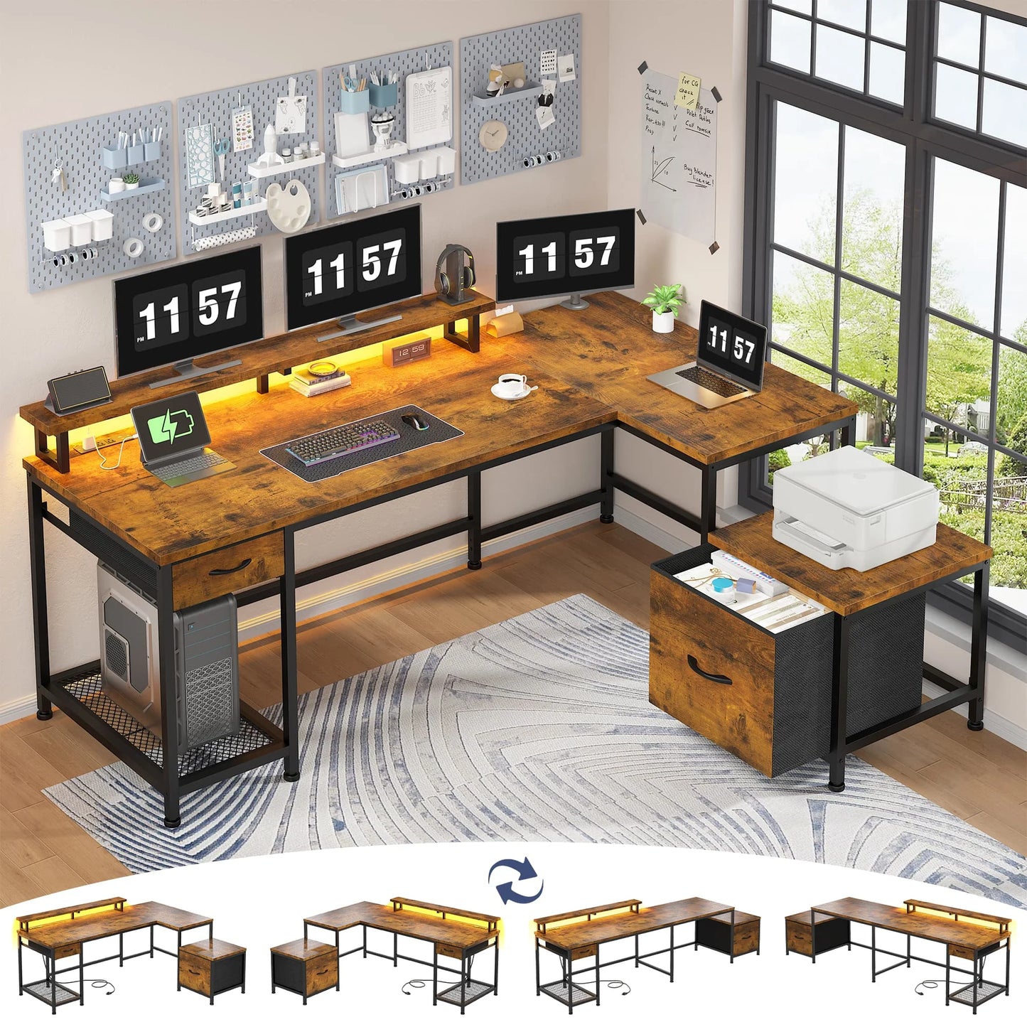 EnHomee L Shaped Gaming Desk With Reversible Corner RGB Lighting