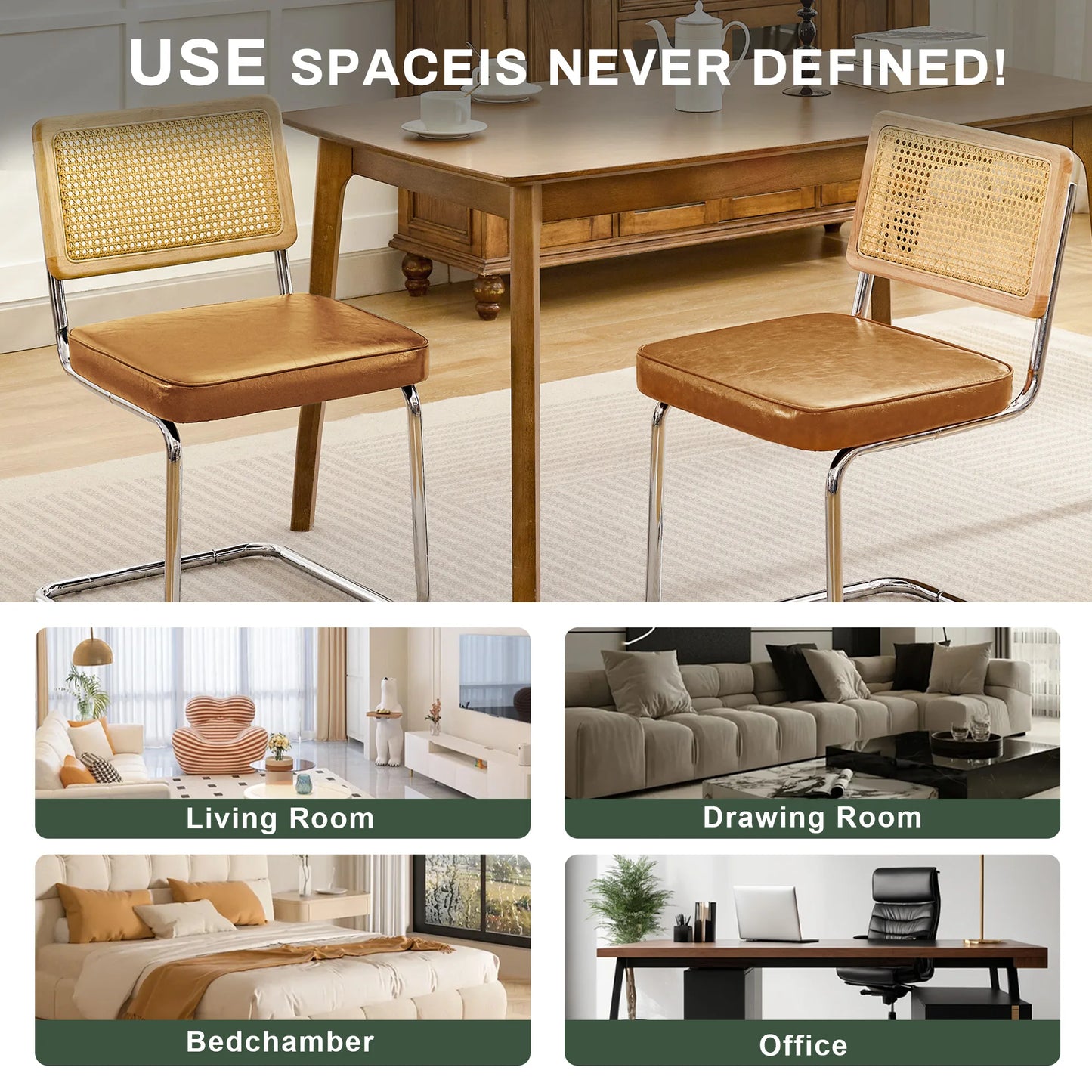 KERDOM Mid Century Rattan Dining Chair Set Chrome PU Seating