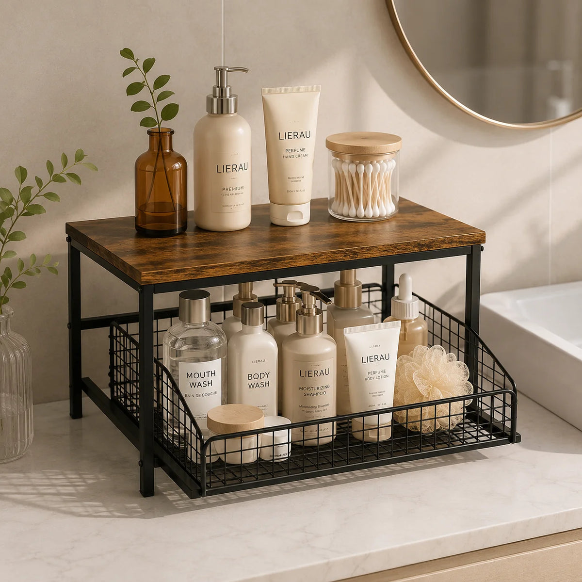 Pull Out Kitchen Counter Organizer With Sliding Wire Basket Storage