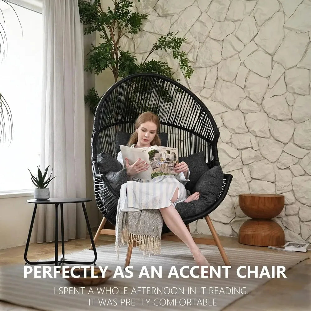 Outdoor Egg Chair With PE Wicker Wood Grain Finish Cushion