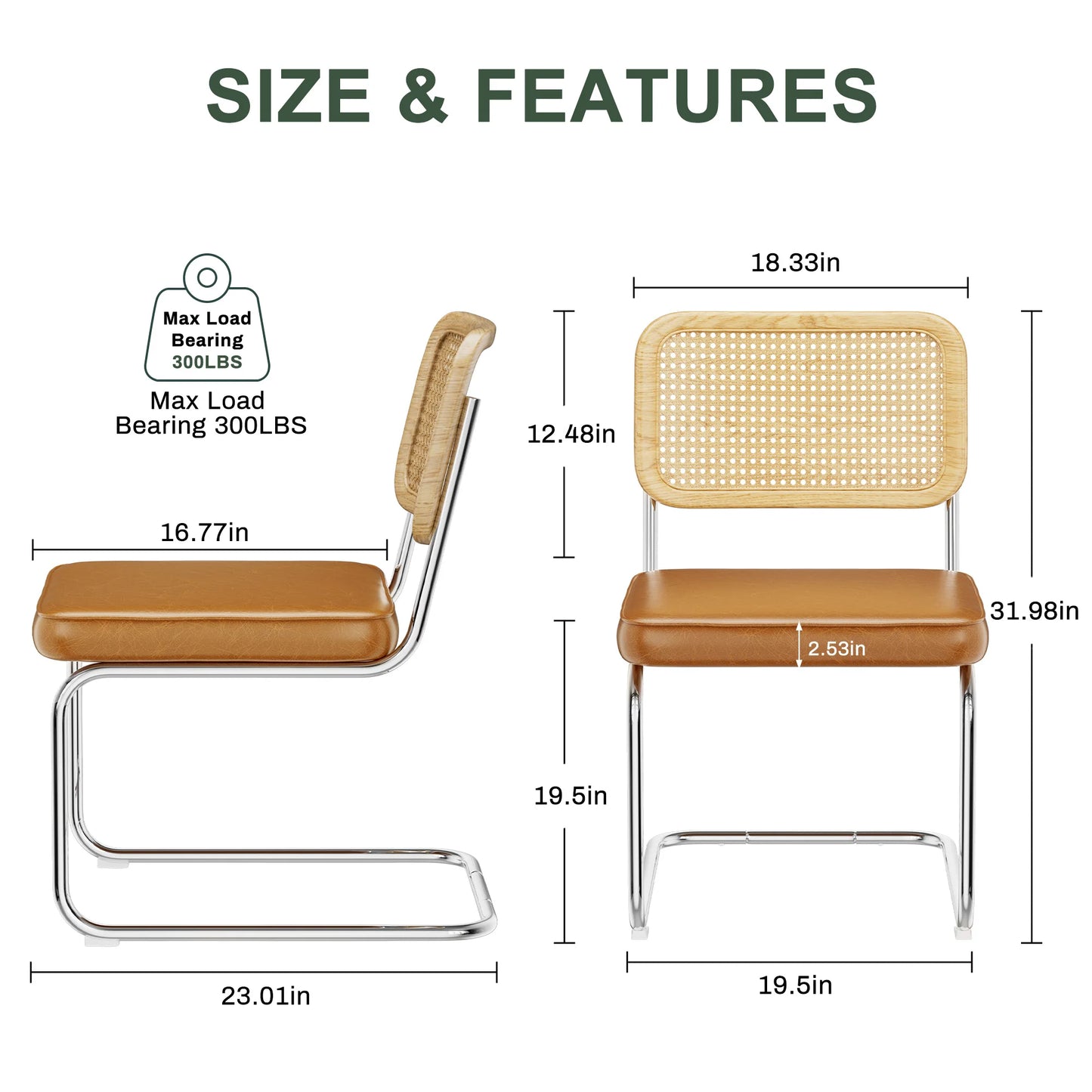 KERDOM Mid Century Rattan Dining Chair Set Chrome PU Seating