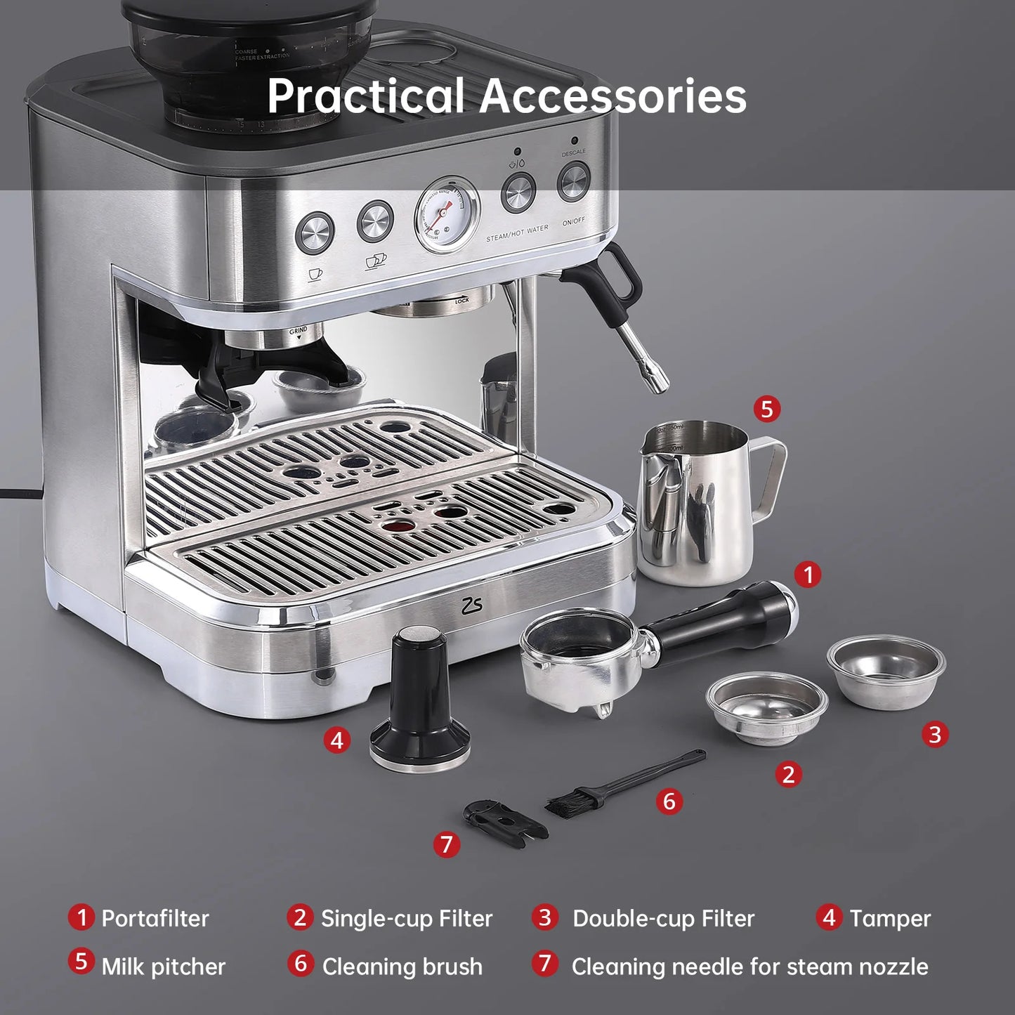 Acekool Espresso Machine With Grinder And Milk Frother, Stainless Steel, 15 Bar