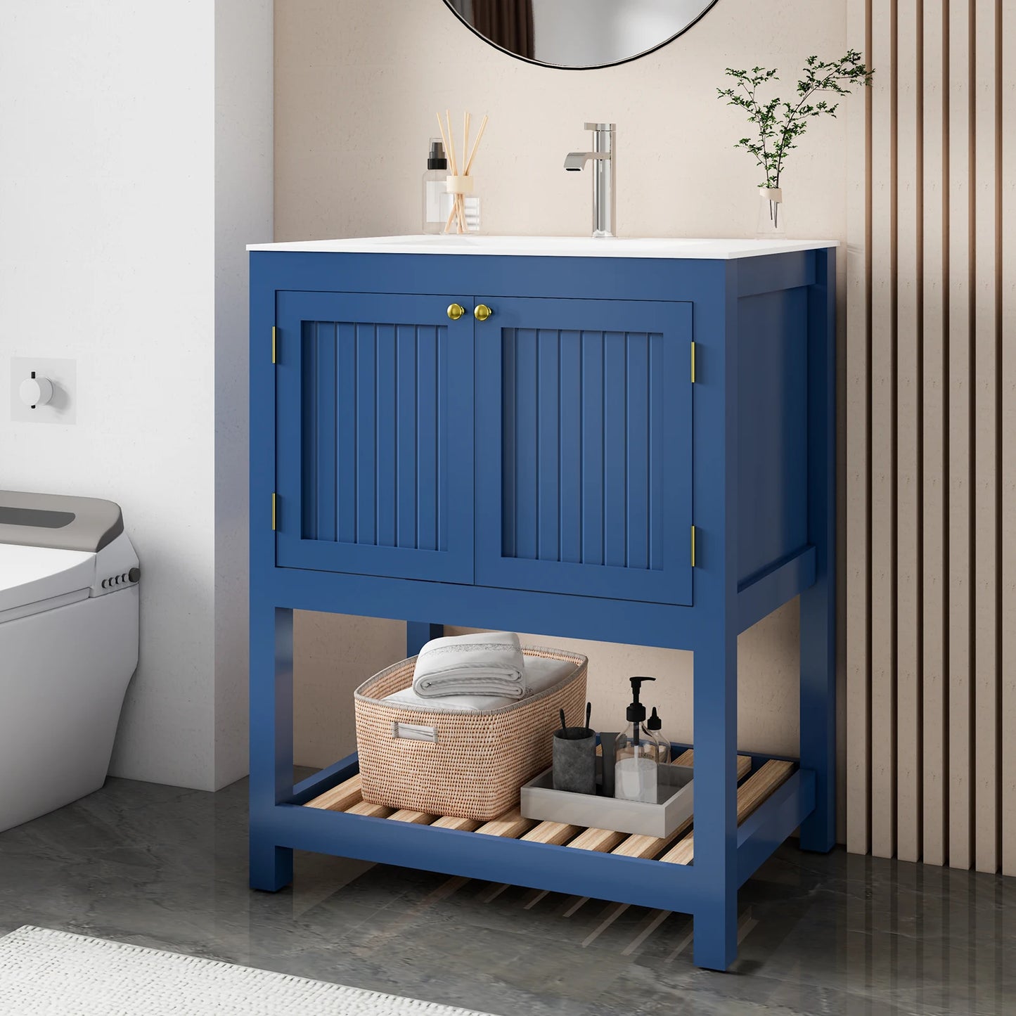 White Farmhouse Bathroom Vanity With Sink And Storage