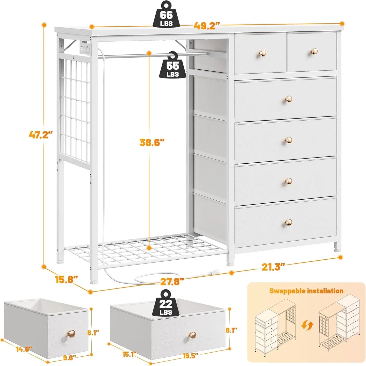 Modern Dresser With Hanging Rack And LED Lights Charging Station