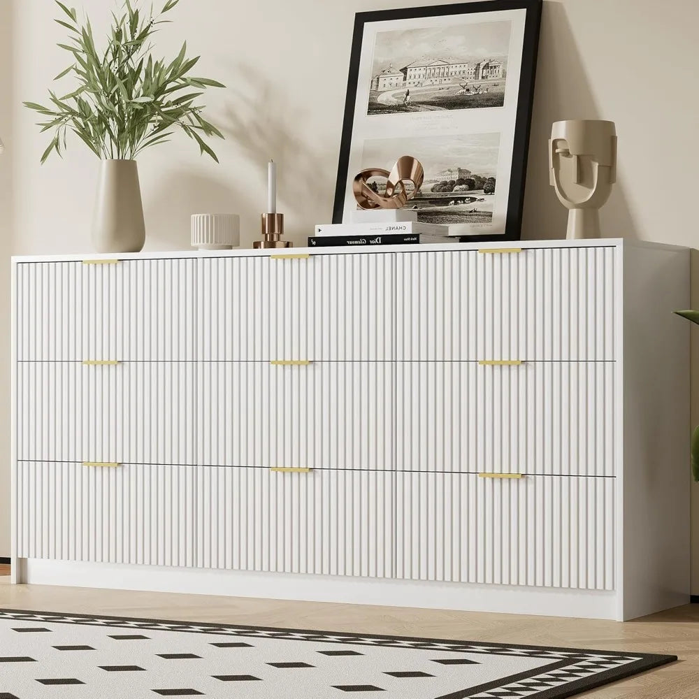 Modern 9 Drawer Dresser With Smooth Slides And Gold Handles
