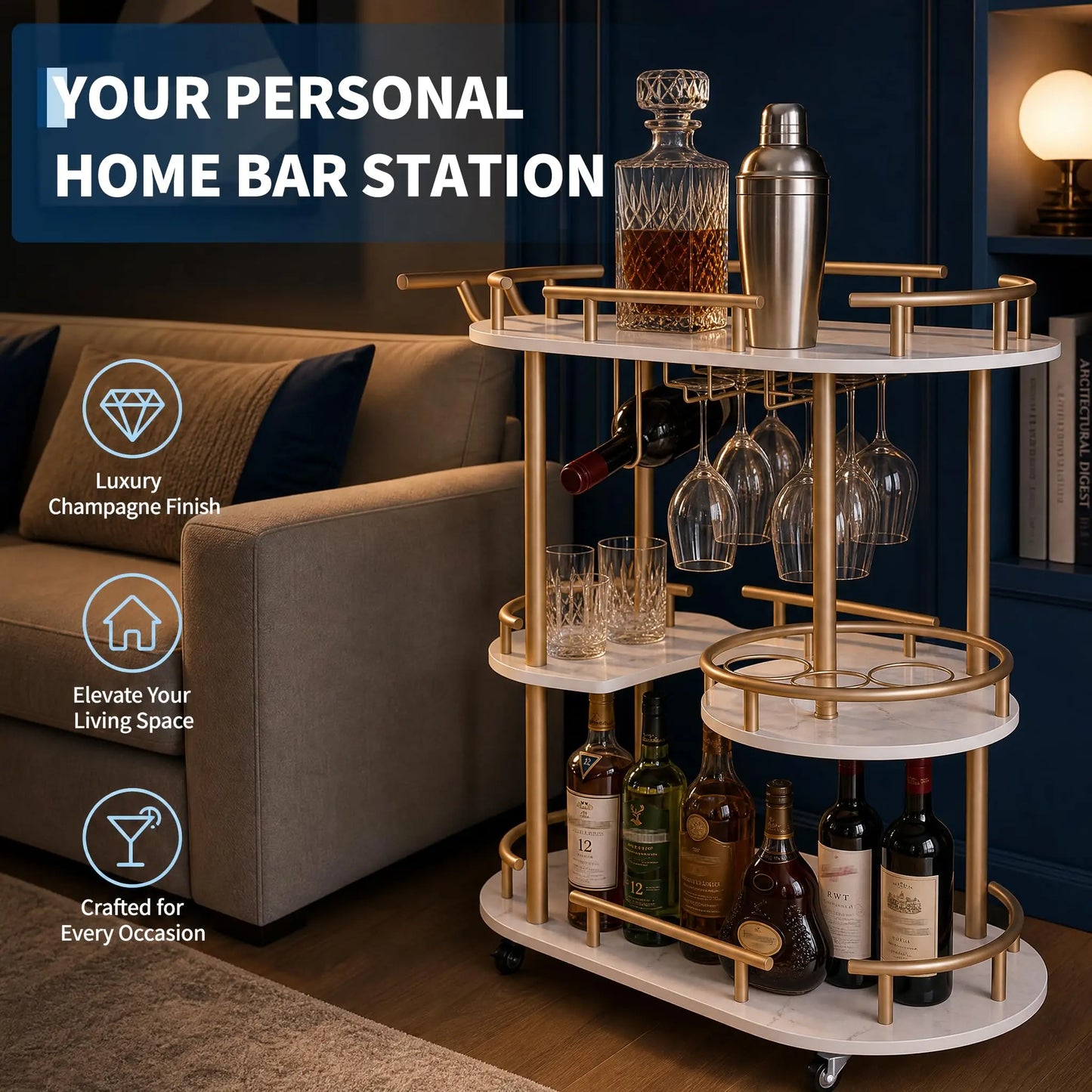 Himiss 3 Tier Rolling Bar Cart With Wine Rack And Glass Holder