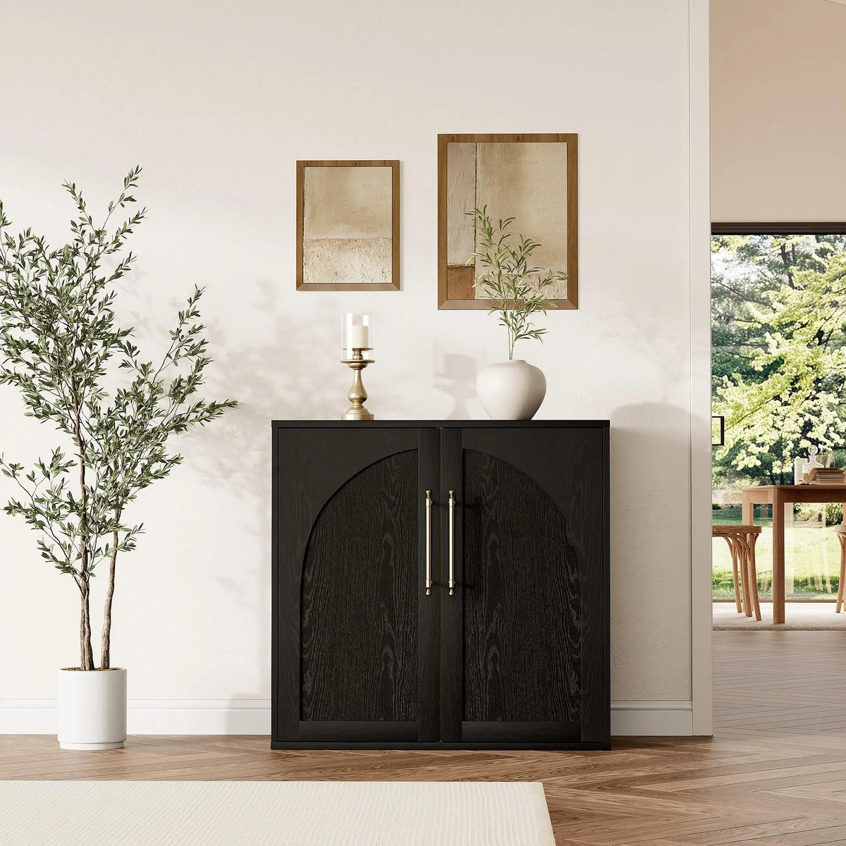 Arched Wood Sideboard Buffet Cabinet With Recessed Panel Doors