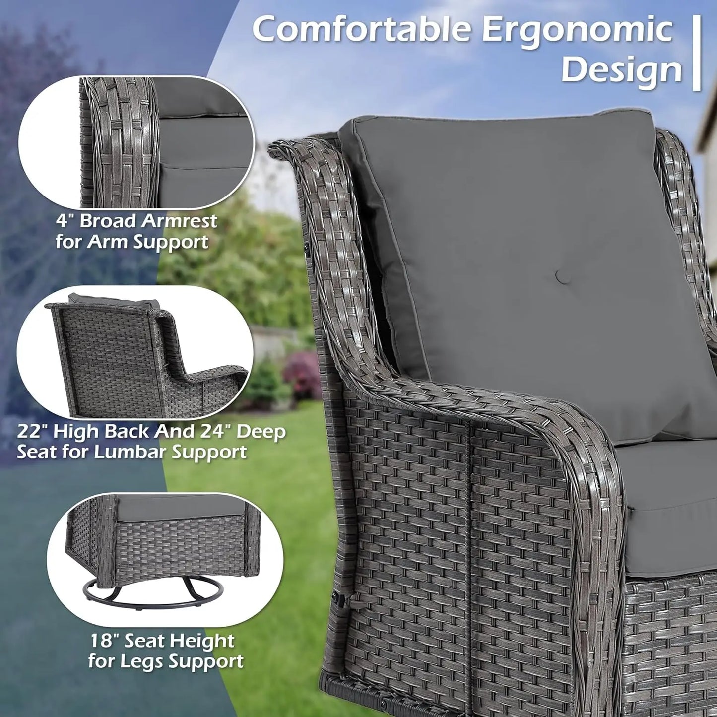 Wicker Patio Furniture Set With Swivel Rocking Chairs And Table