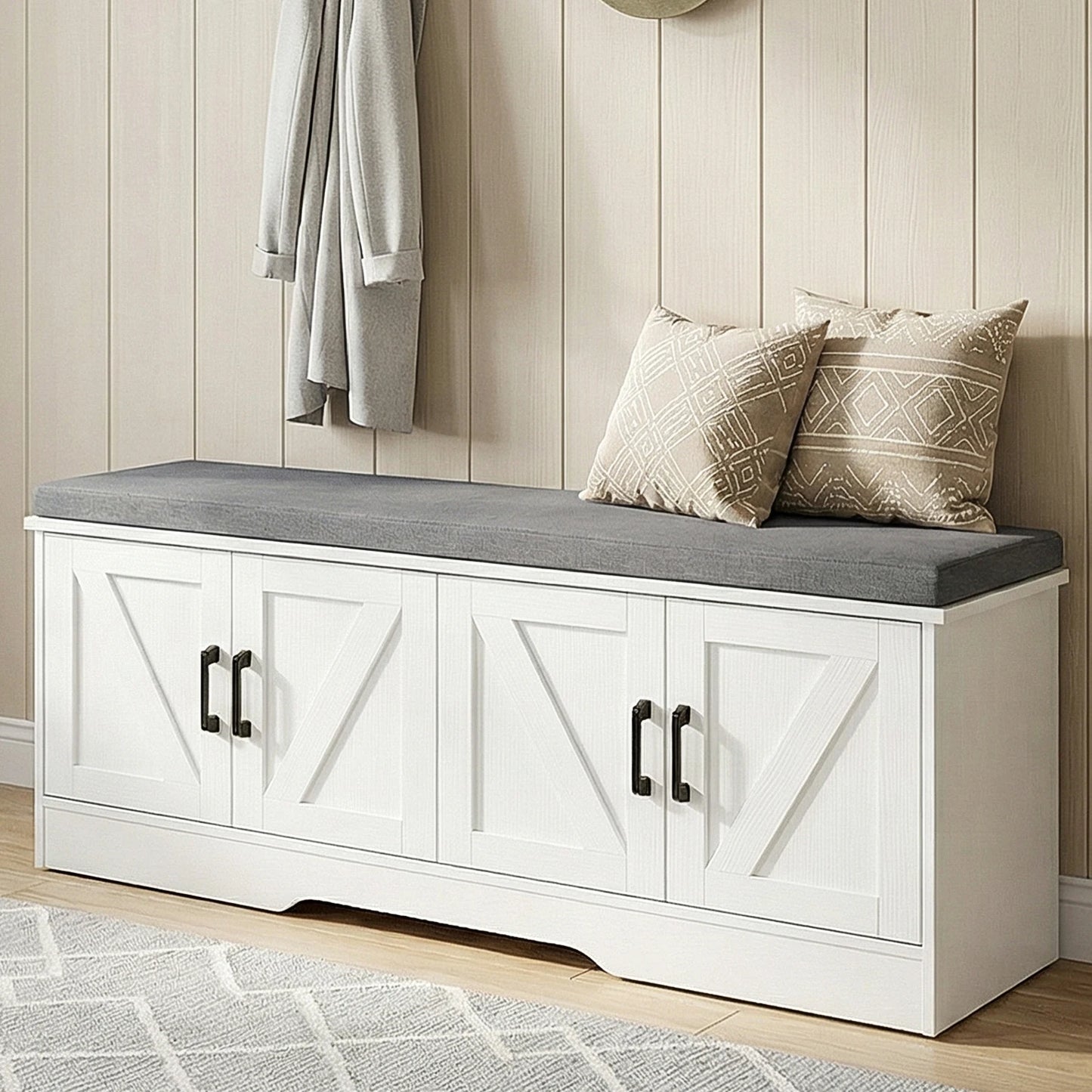 JHK Two Door Entryway Storage Bench With Padded Seat Cushion