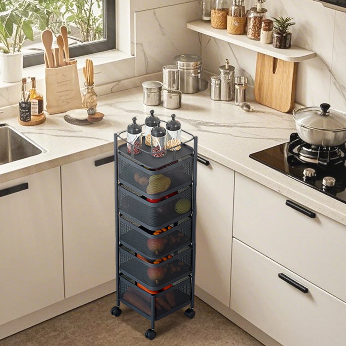 HobbyLane Five Tier Steel Rotating Storage Cart For Kitchen