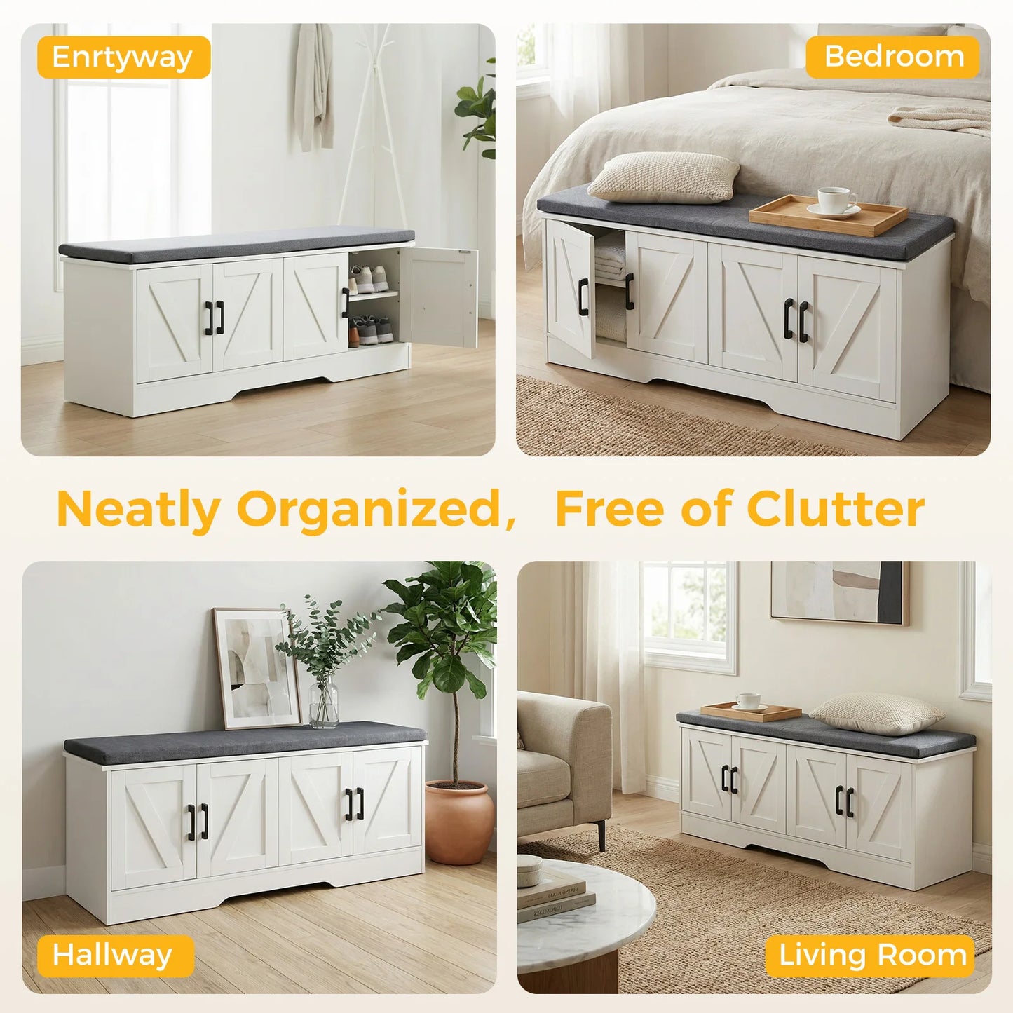 JHK Two Door Entryway Storage Bench With Padded Seat Cushion