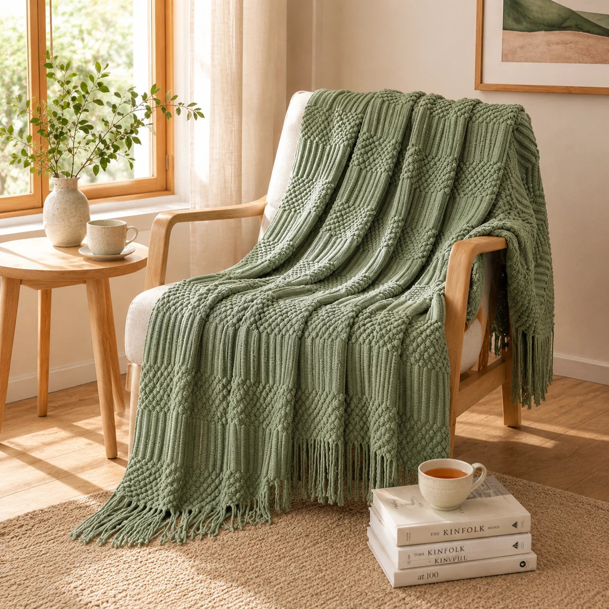 Textured Bobble Diamond Knit Throw Blanket Featuring Tassel Fringe