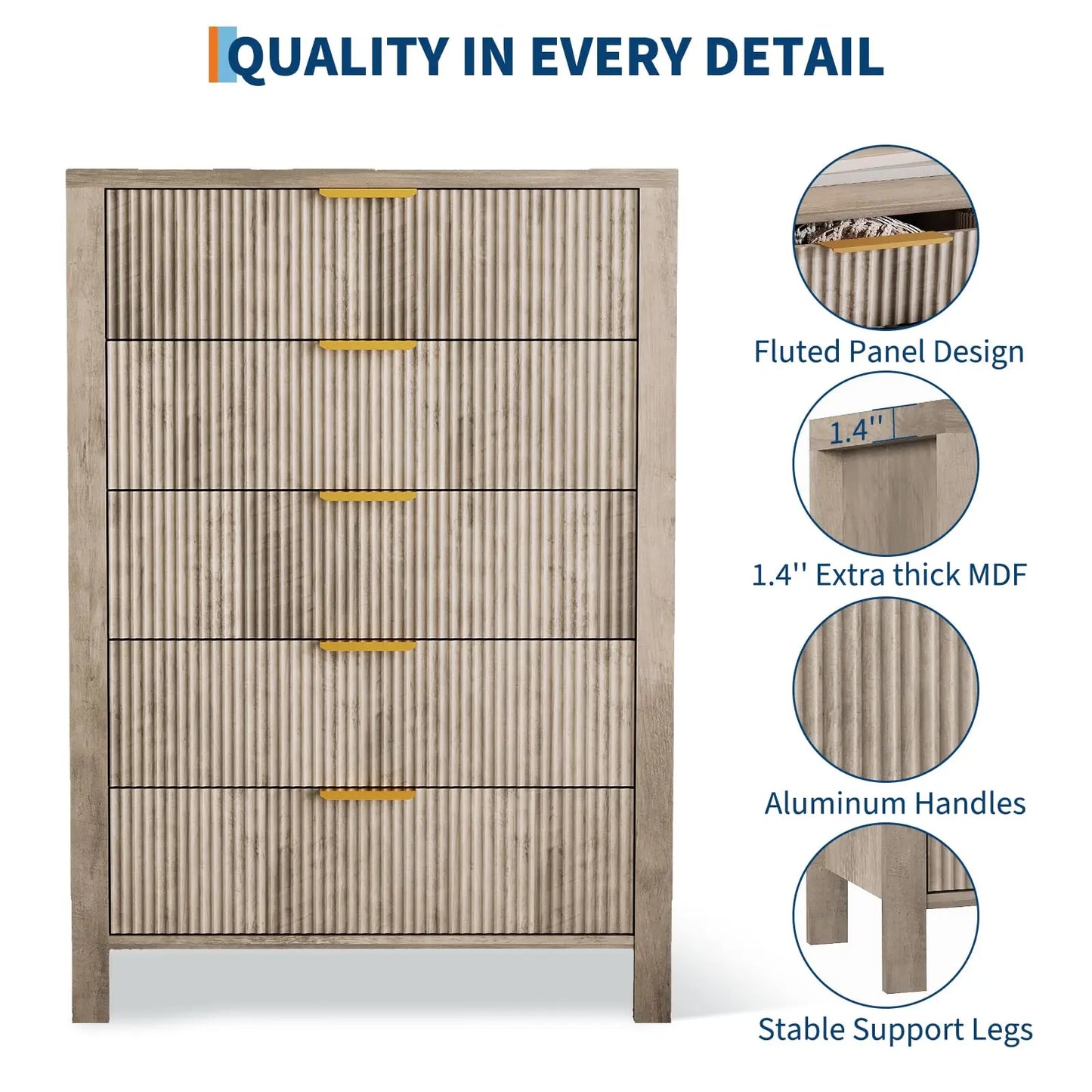 HiMISS 5 Drawer Dresser Modern Wood Storage Cabinet