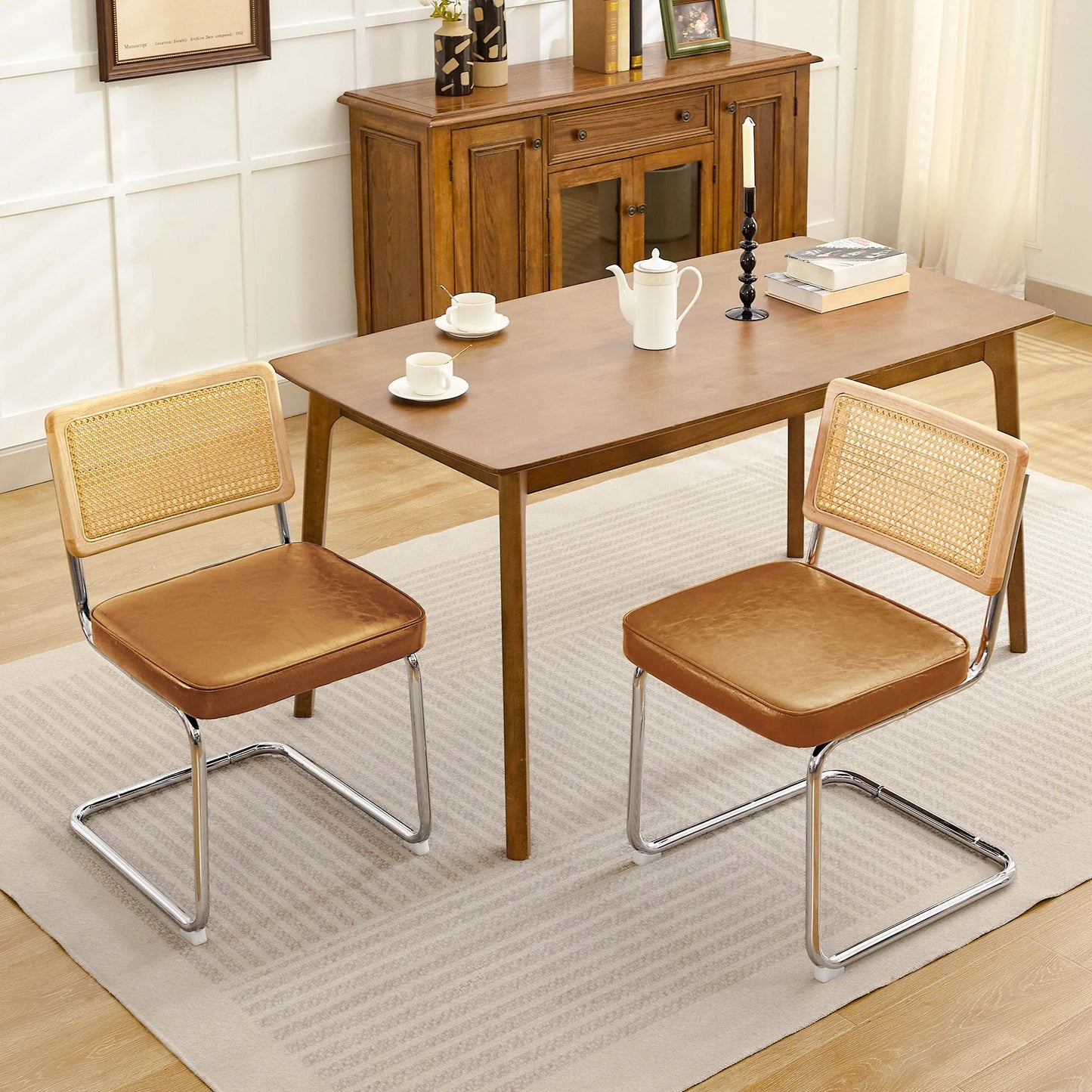 KERDOM Mid Century Rattan Dining Chair Set Chrome PU Seating