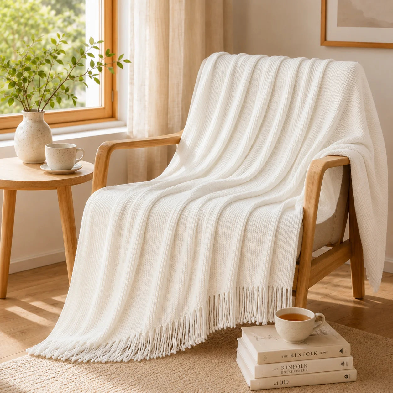 Textured Bobble Diamond Knit Throw Blanket Featuring Tassel Fringe