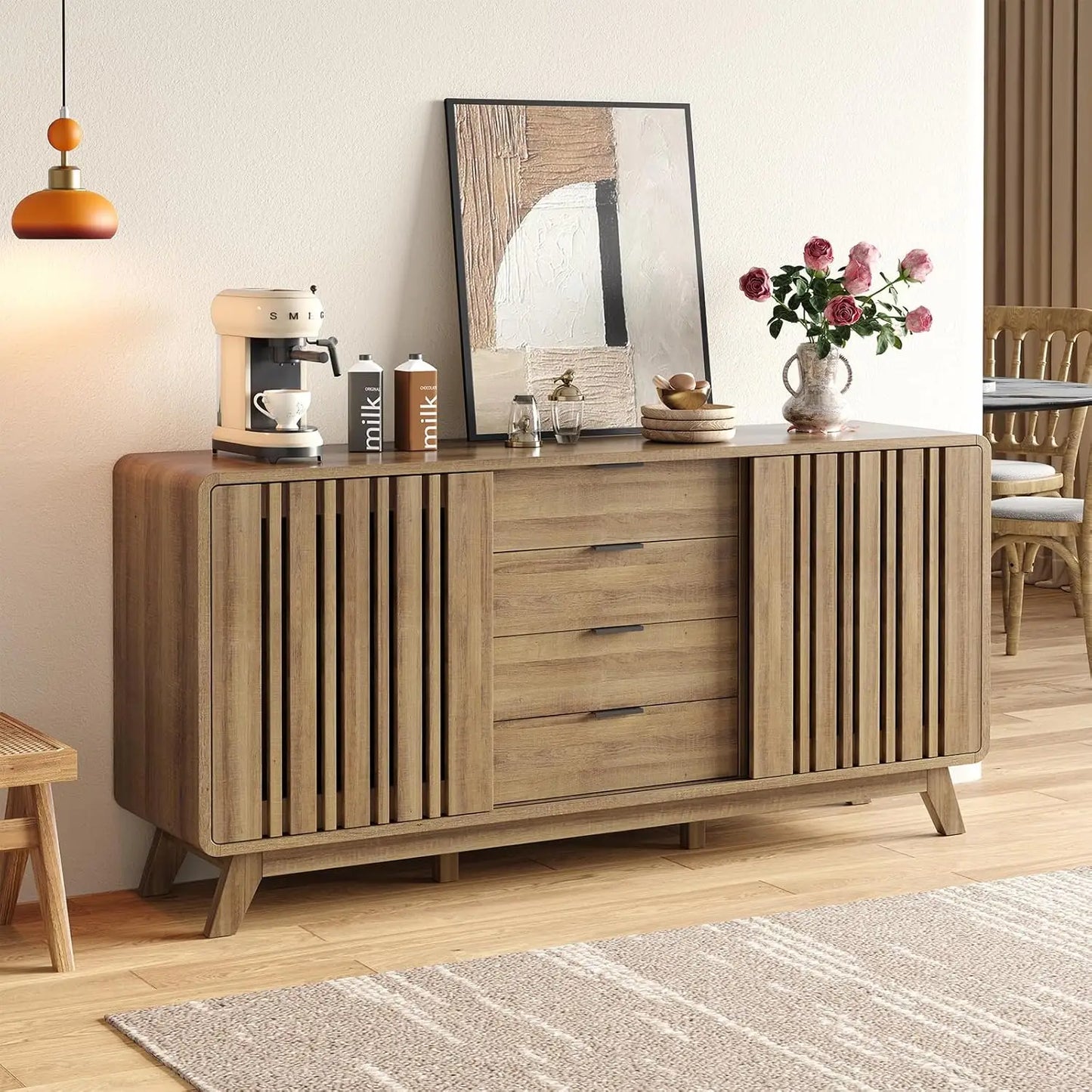 Mid Century Wooden Sideboard Buffet Cabinet With Storage Drawers