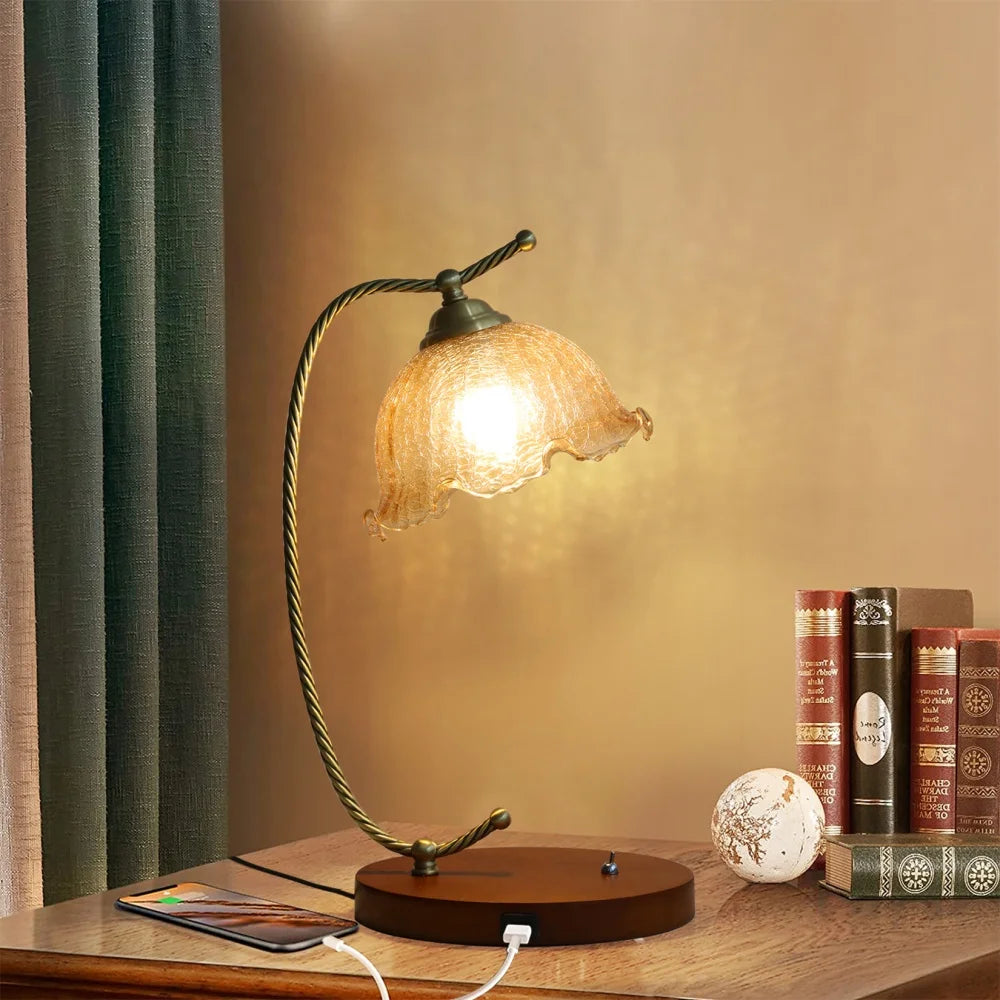 Modern Gold Glass Flower Desk Lamp With Bulbs