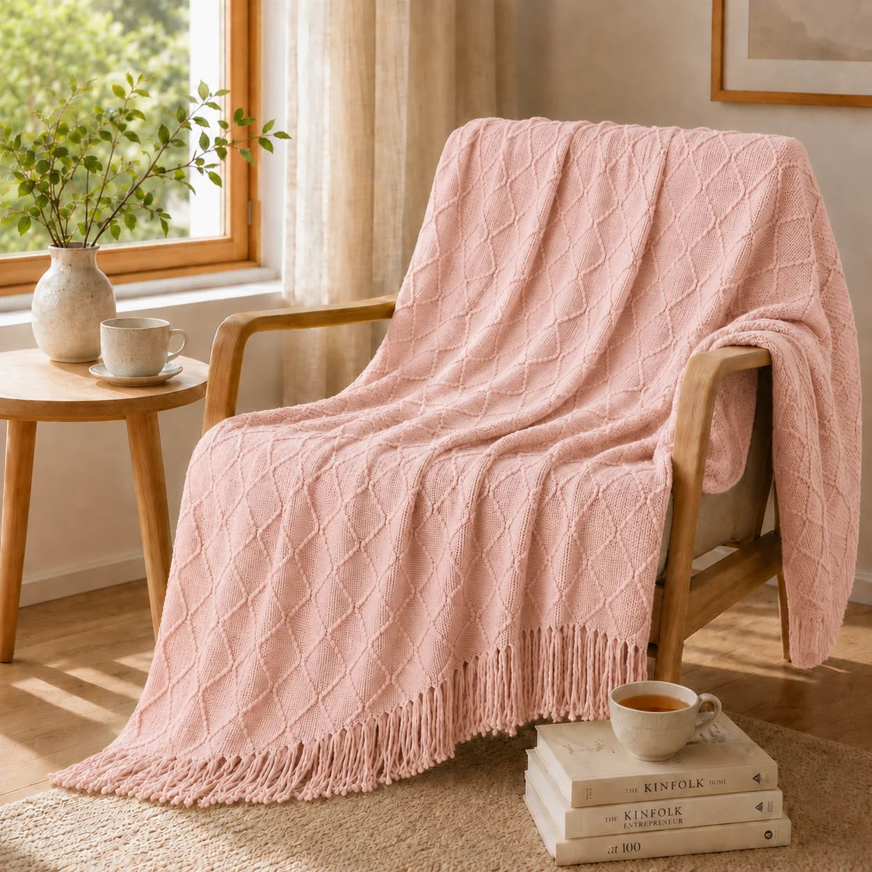 Textured Bobble Diamond Knit Throw Blanket Featuring Tassel Fringe