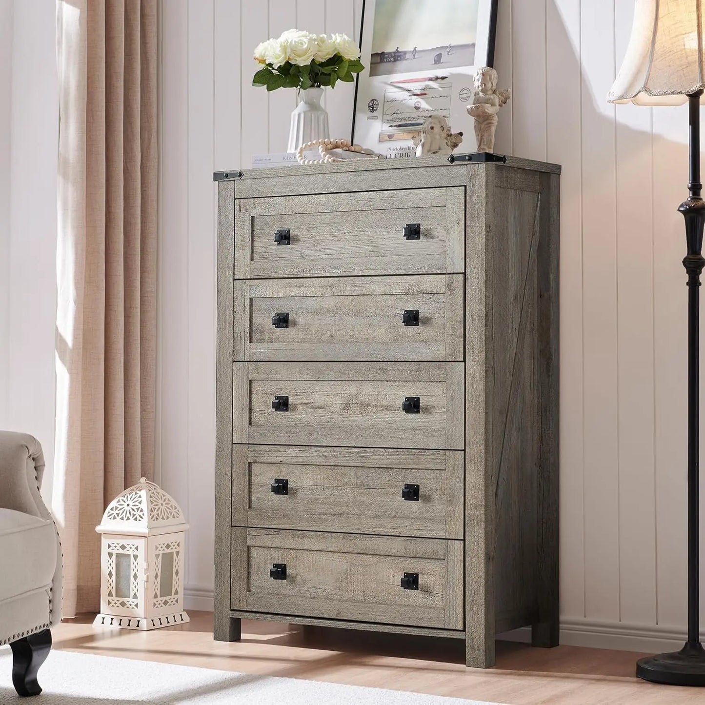 Farmhouse 5 Drawer Dresser In Rustic Wood For Bedroom