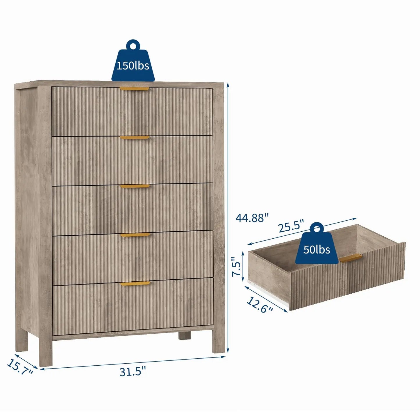 HiMISS 5 Drawer Dresser Modern Wood Storage Cabinet