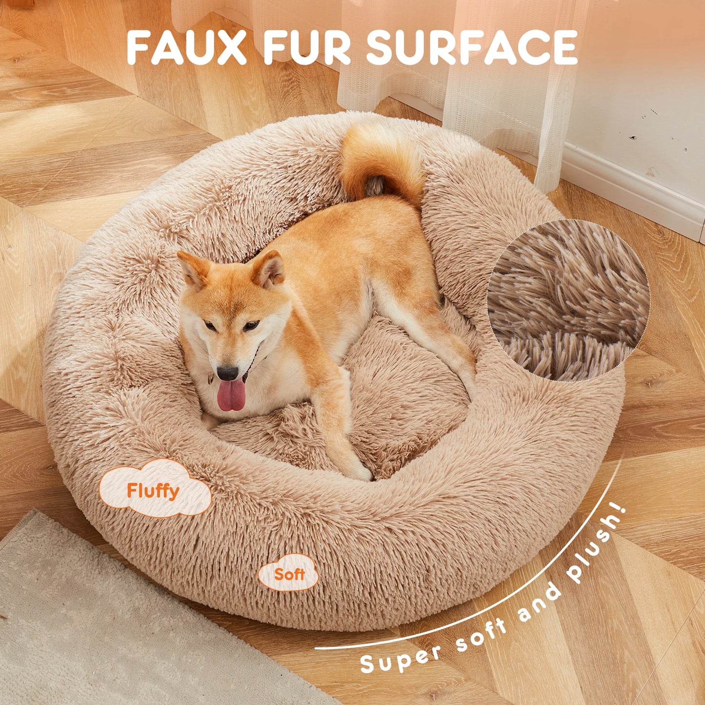 JHK Calming Dog Bed Round Plush Faux Fur Anti Slip Washable