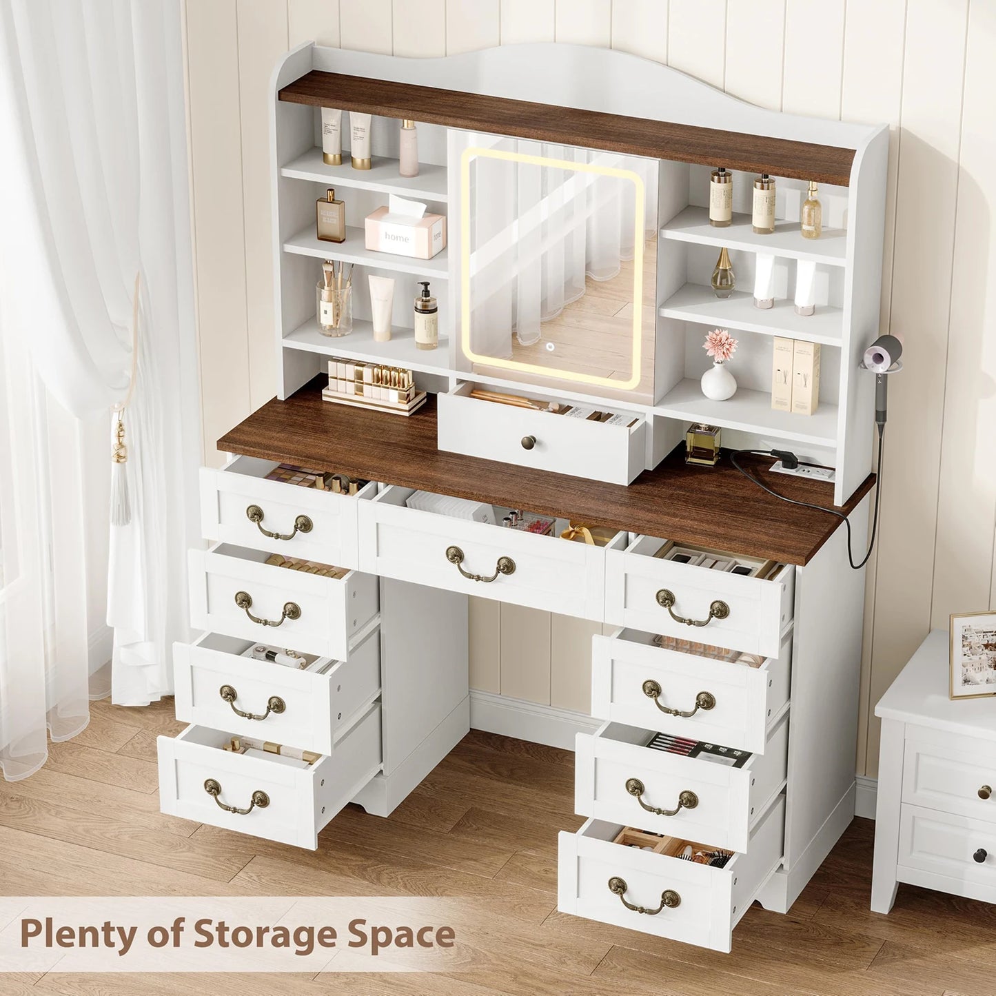 HiMISS Wooden Vanity Desk With Led Mirror And Storage Drawers
