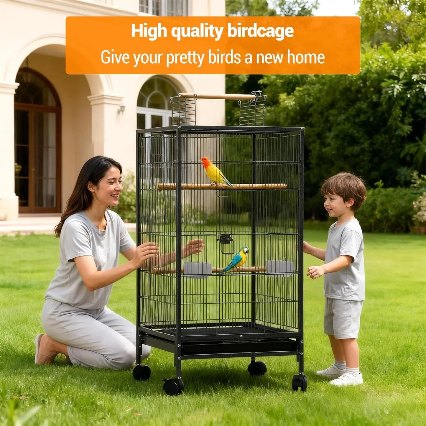 HiMiss Open Top Bird Cage With Rolling Stand And Tray