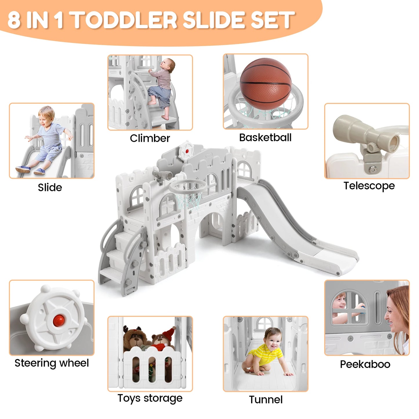 8 In 1 Toddler Slide Indoor Playground Playset Basketball Hoop