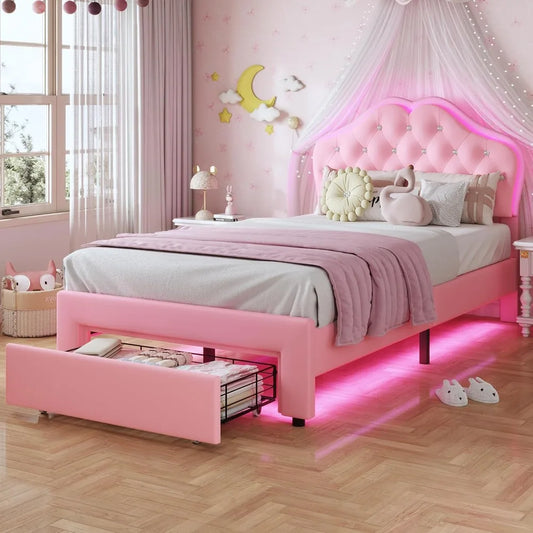 Upholstered Platform Bed With Storage Drawer And LED Lights