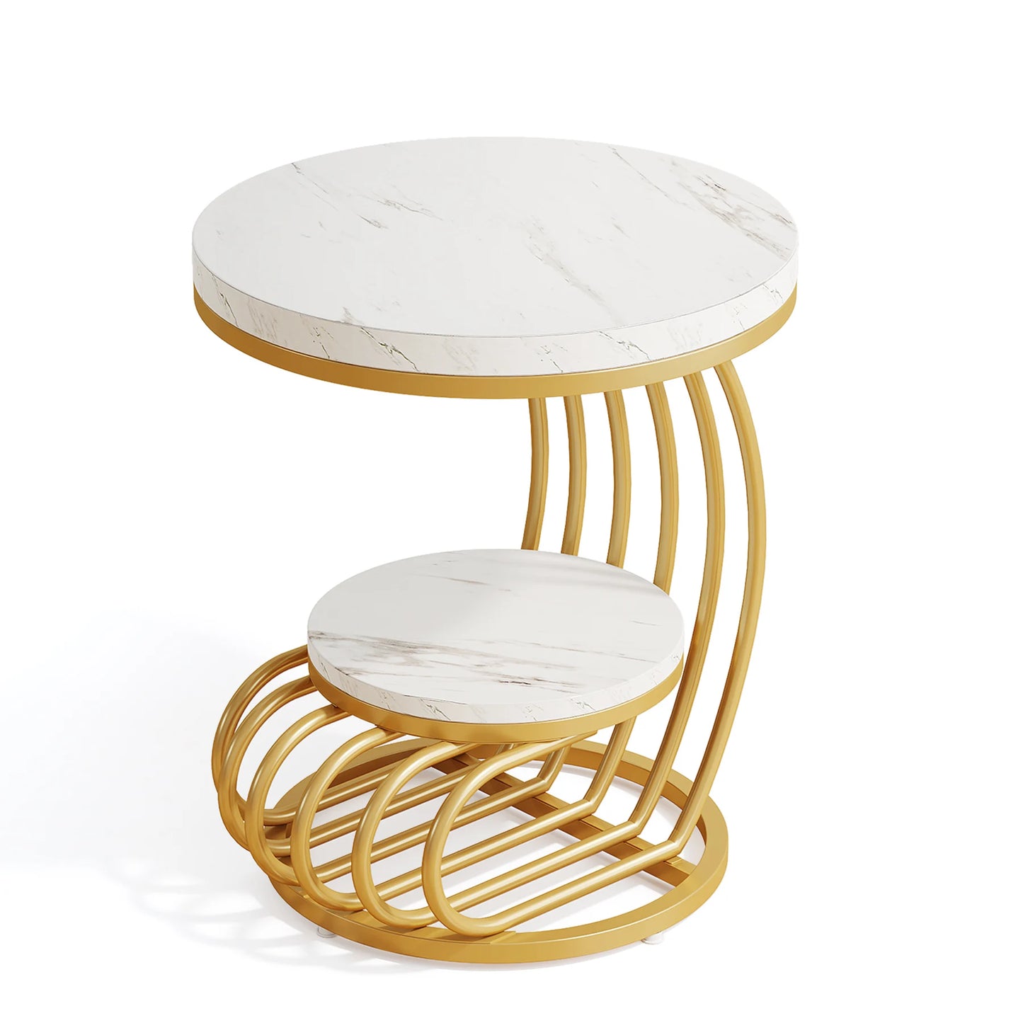 Tribesigns Round End Table With Two Tier Faux Marble Storage