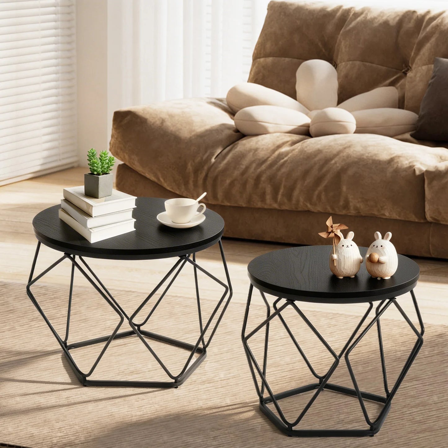 JHK Round Geometric Coffee Tables Set With Hidden Storage