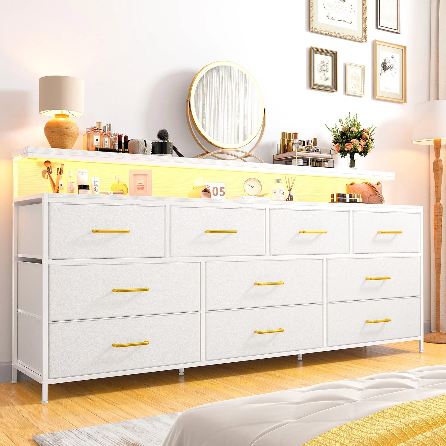 Smart Dresser with LED Lighting and Power Outlets, Metal Frame