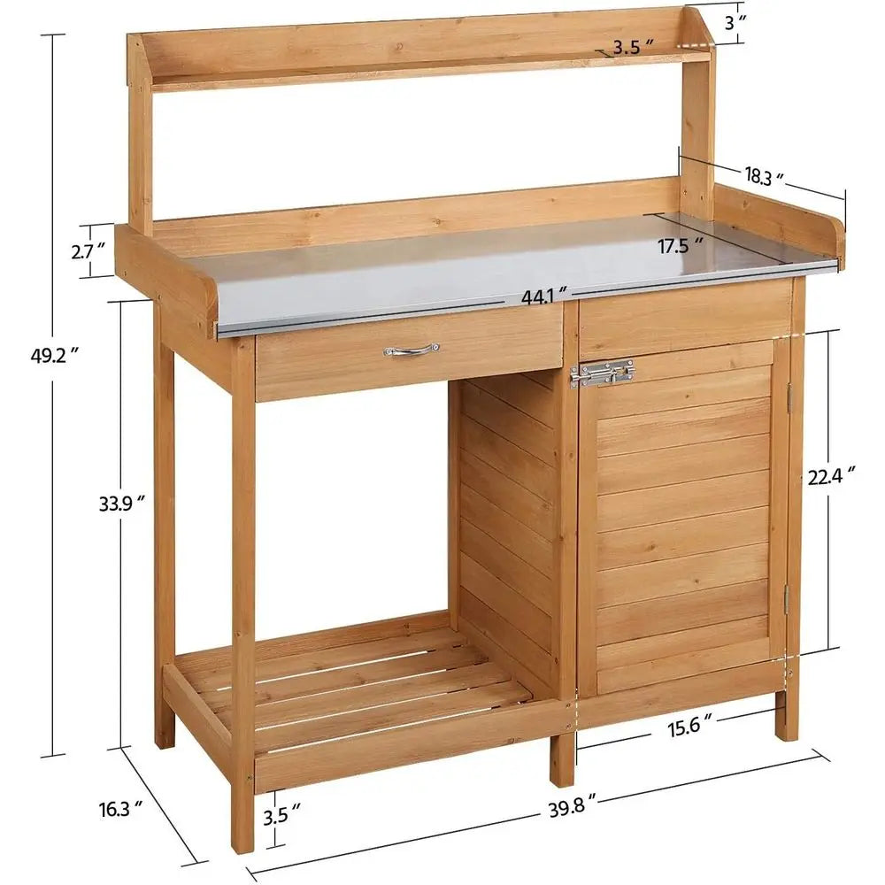 Premium Wooden Outdoor Potting Bench With Metal Top And Cabinets