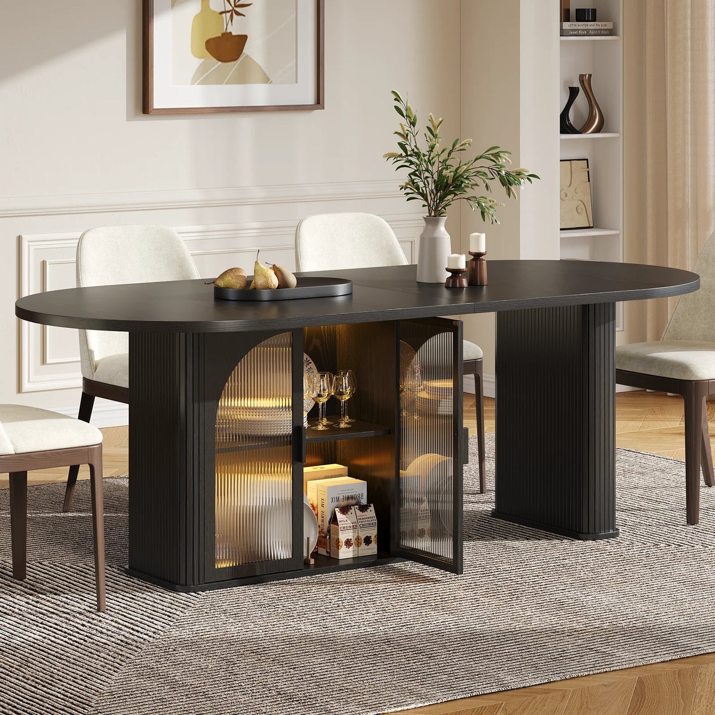 Onbrill Modern Oval Wood Dining Table With Led Lighting