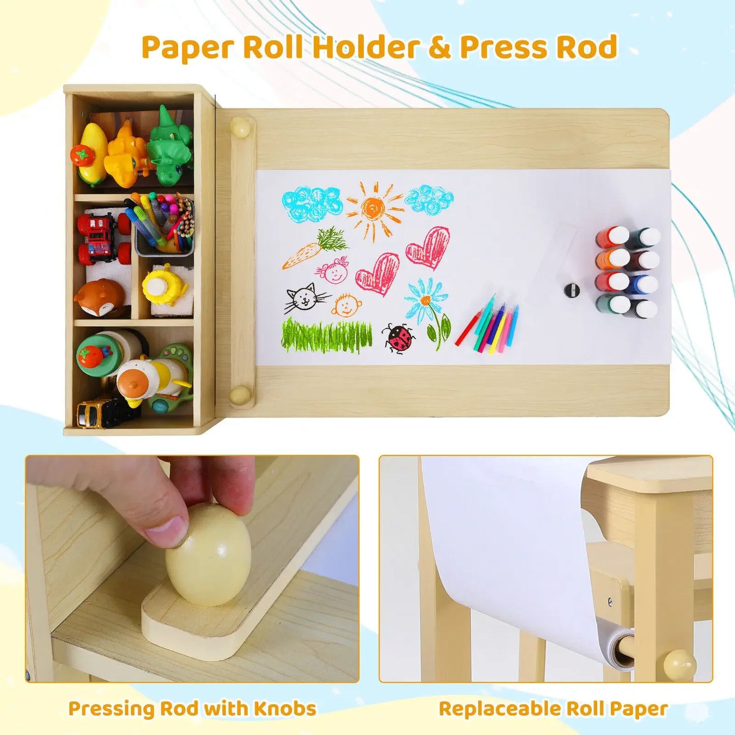 AuAg Kids Art Table And Chair Set With Storage Shelves Canvas Bins