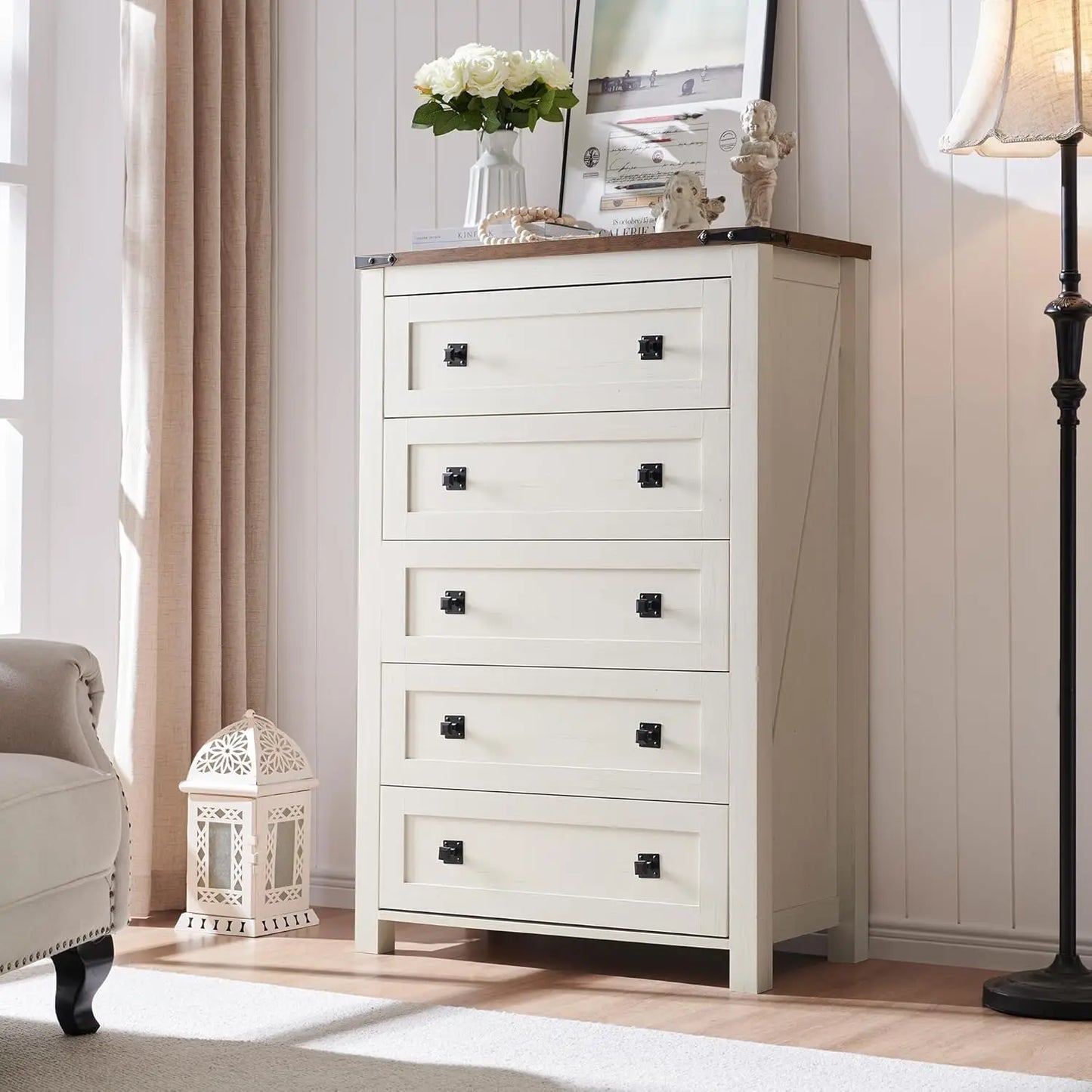 Farmhouse 5 Drawer Dresser In Rustic Wood For Bedroom