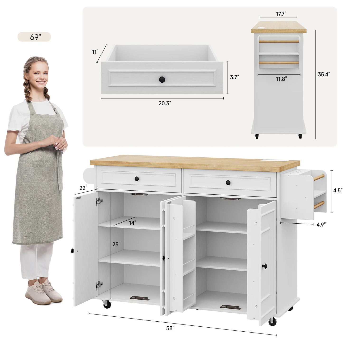 Mobile Wood Kitchen Island With Drop Leaf And Power Outlet