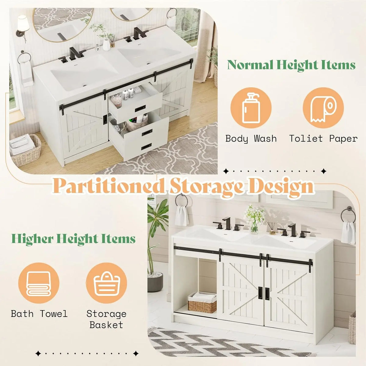 Farmhouse Double Sink Bathroom Vanity With Sliding Barn Doors