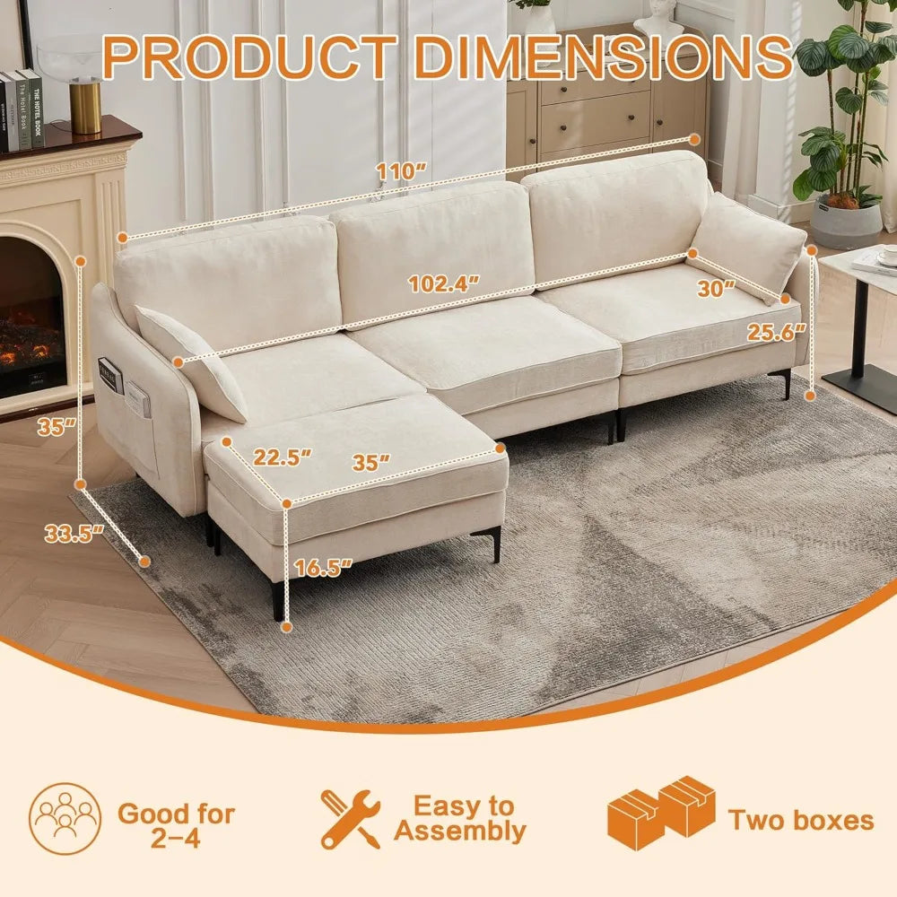 L Shaped Chenille Sectional Sofa With Movable Ottoman For Living Room